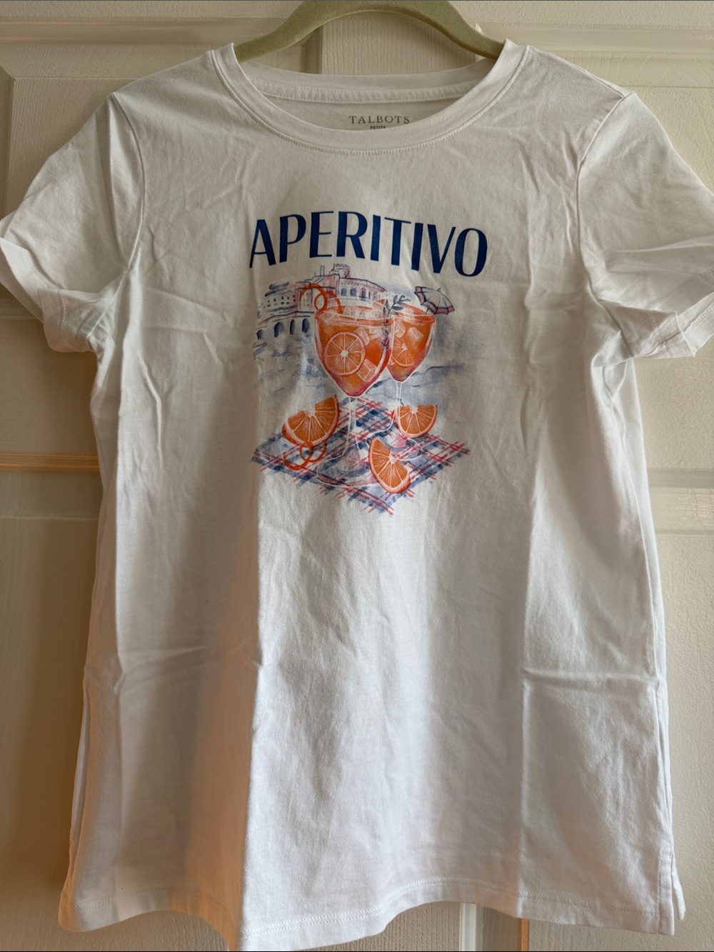 Talbots Petite White Aperitivo Orange Graphic Tee